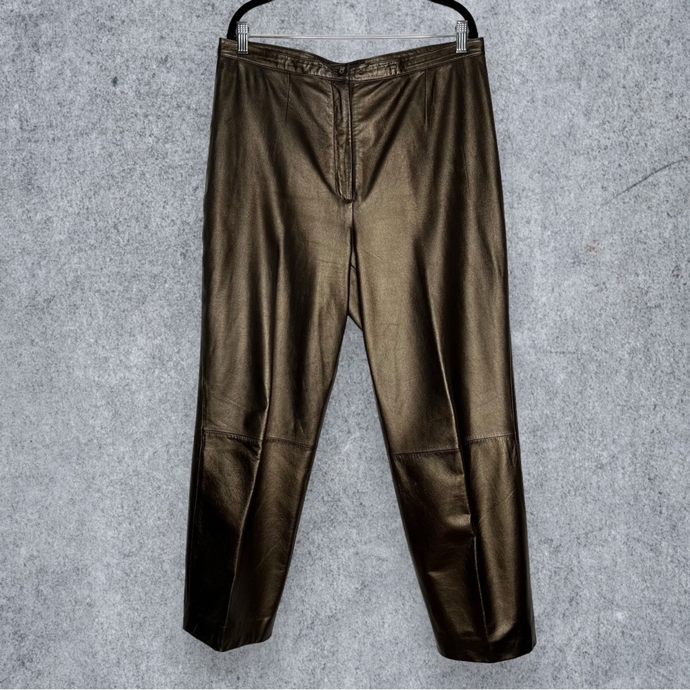 Apostrophe Bronze Metallic Brown High Rise Leather Straight Trouser Pants 16